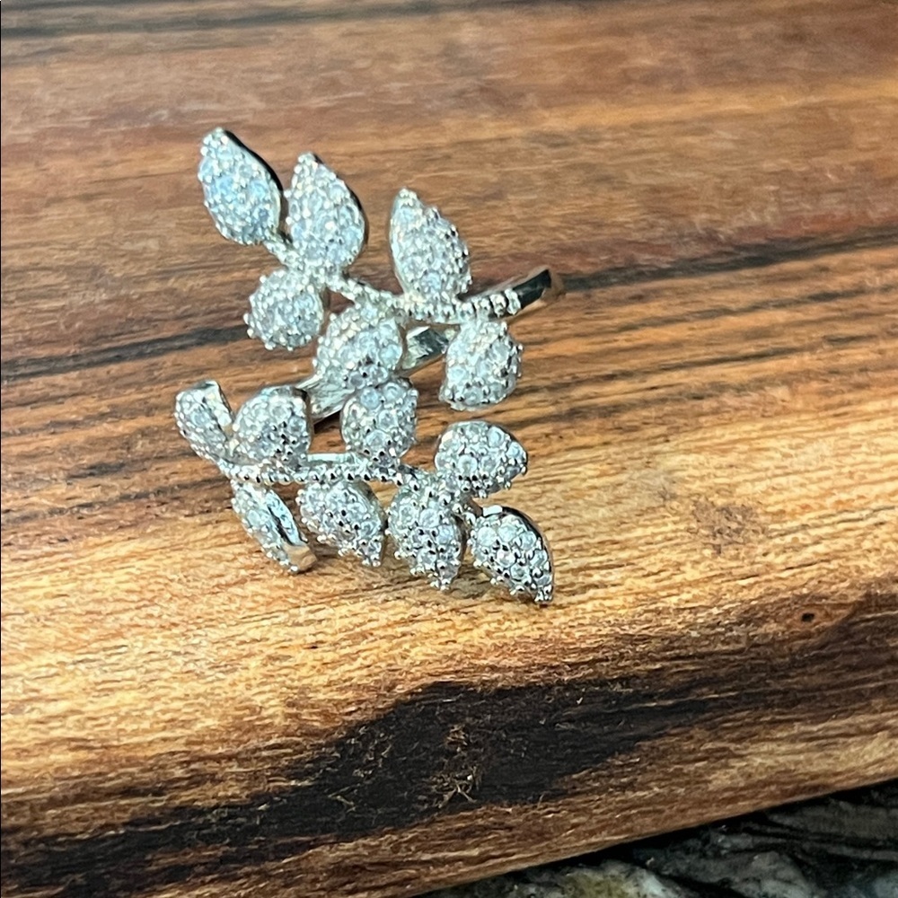 Cubic Zirconium Pave Leaf Design Sterling Silver Open Ring
